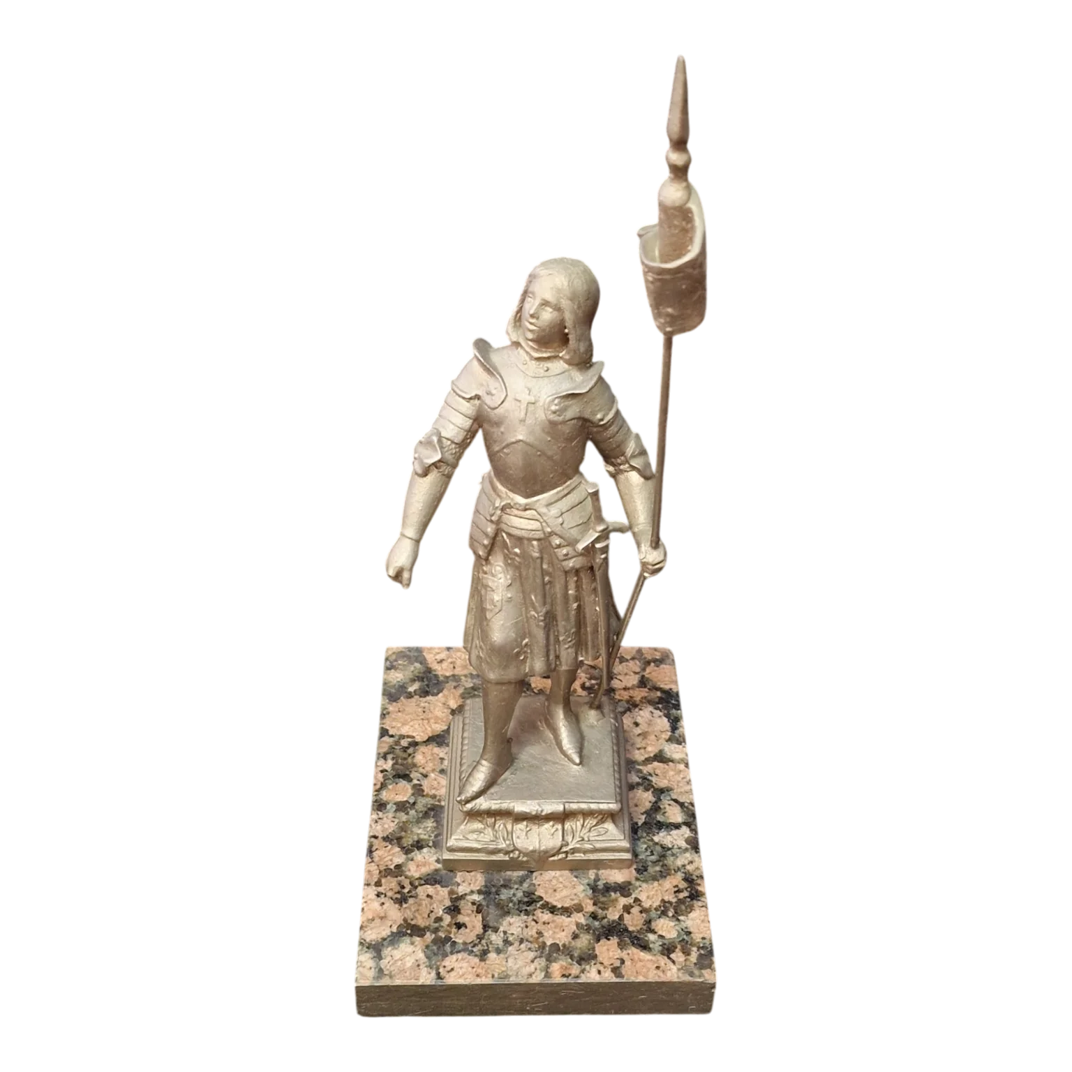 Joana d'Arc com estandarte | Estatueta em metal sobre base de pedra | Inscrições «Dieu m'aide» e «Jeanne d'Arc – Orléans» — Capa