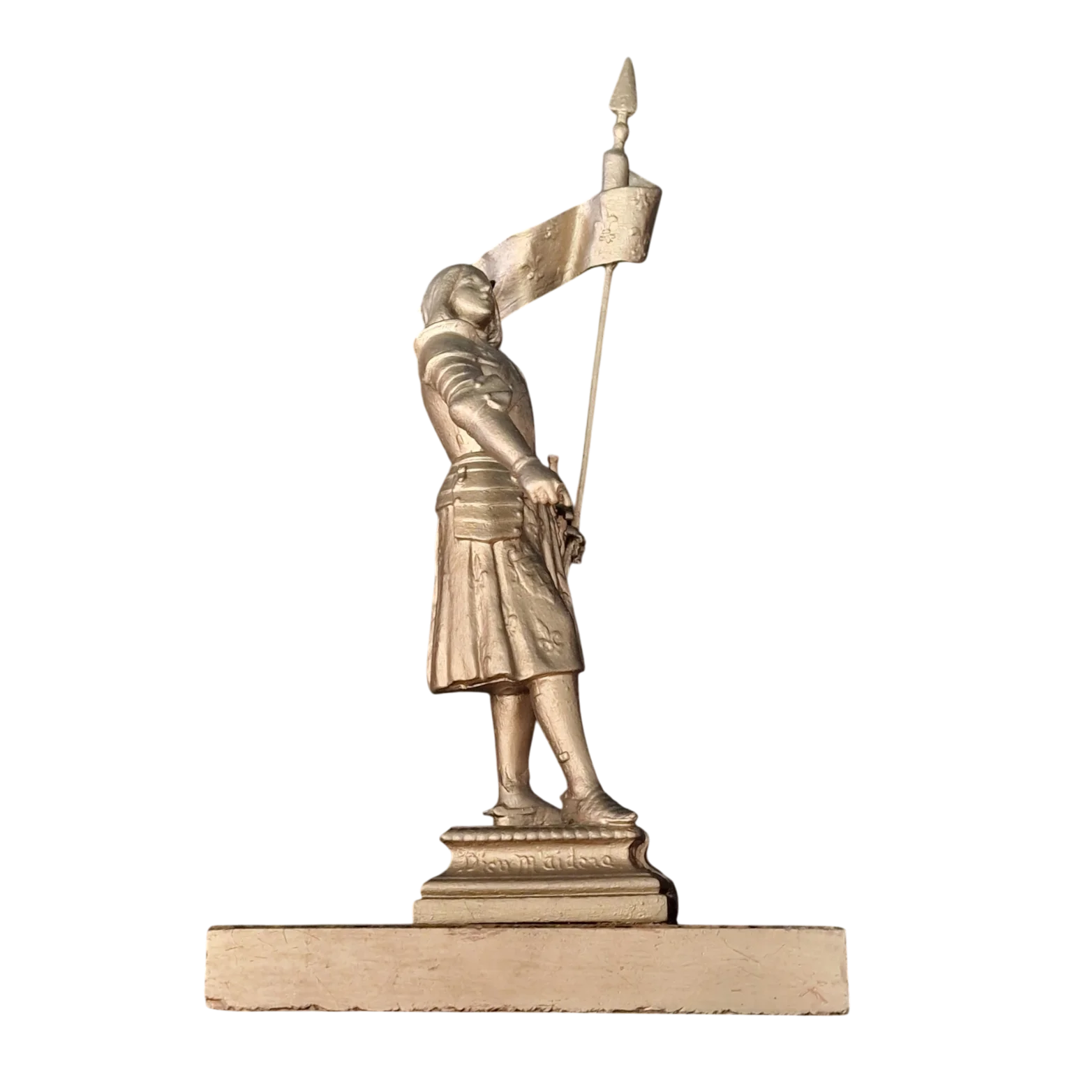 Joana d'Arc com estandarte | Estatueta em metal sobre base de pedra | Inscrições «Dieu m'aide» e «Jeanne d'Arc – Orléans» — Folha de rosto