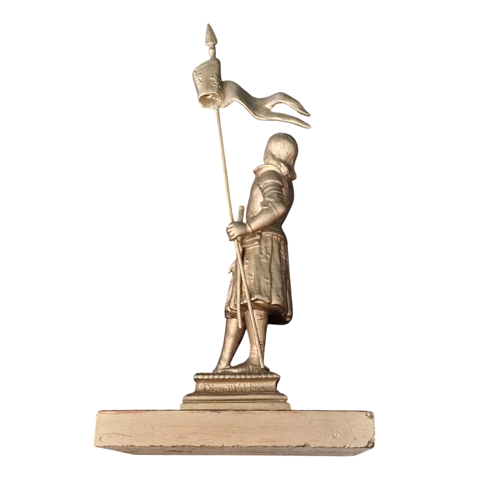 Joana d'Arc com estandarte | Estatueta em metal sobre base de pedra | Inscrições «Dieu m'aide» e «Jeanne d'Arc – Orléans» — Lombada