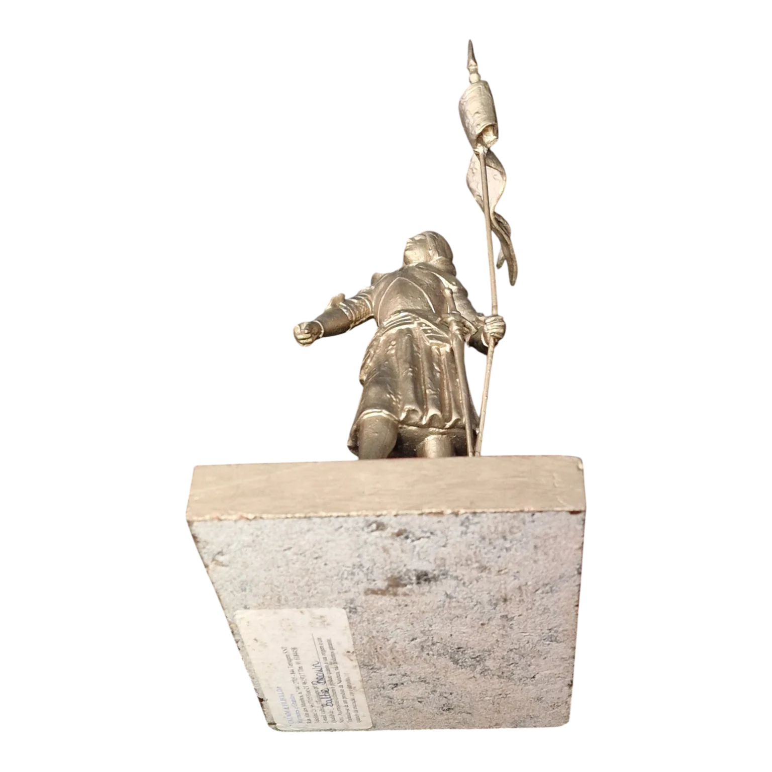 Joana d'Arc com estandarte | Estatueta em metal sobre base de pedra | Inscrições «Dieu m'aide» e «Jeanne d'Arc – Orléans» — Última pág. numerada