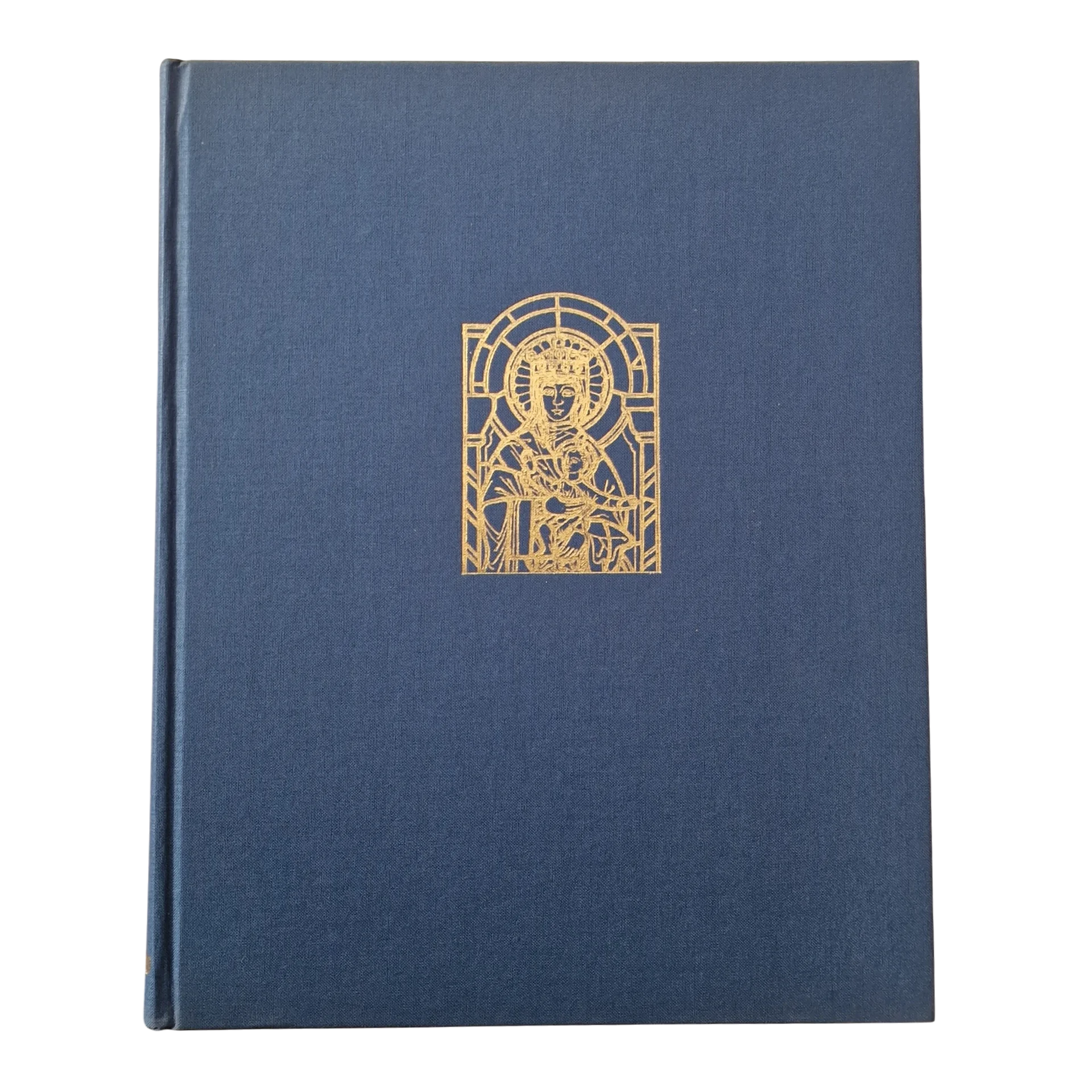 Capa dura em tela azul, com vitral dourado gravado