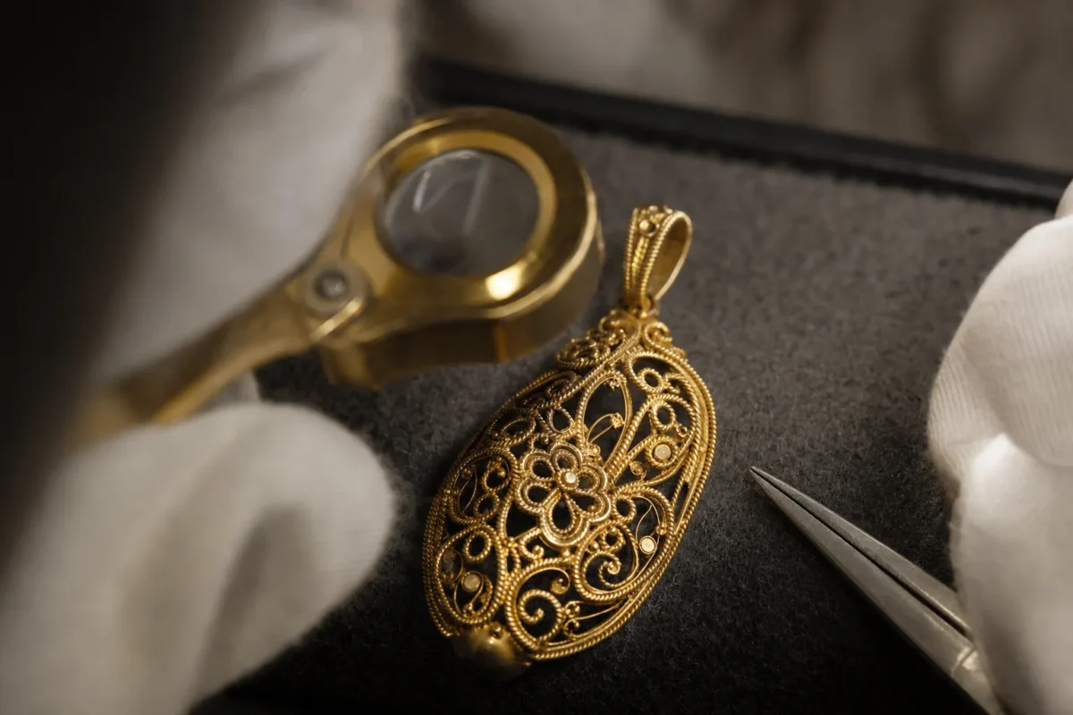 Avaliação à lupa de um pendente antigo em filigrana de ouro, com luvas de algodão e pinça, na Vintage LX