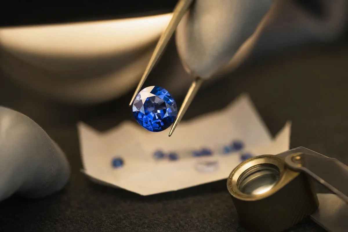 Gemólogo da Vintage LX a segurar uma safira azul com pinça, sobre papelinho de gemas e lupa