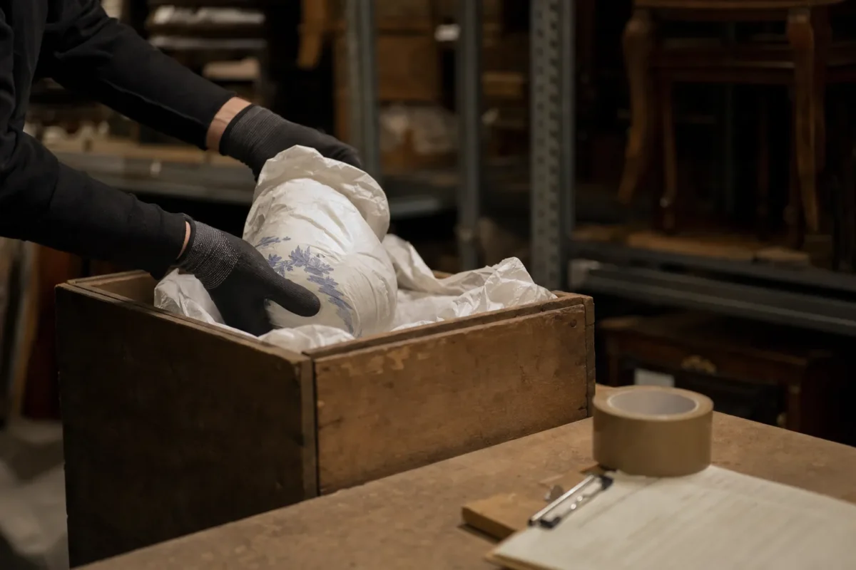 Mãos com luvas a acondicionar uma peça de porcelana embrulhada em papel dentro de um caixote de madeira, num banco de trabalho de armazém