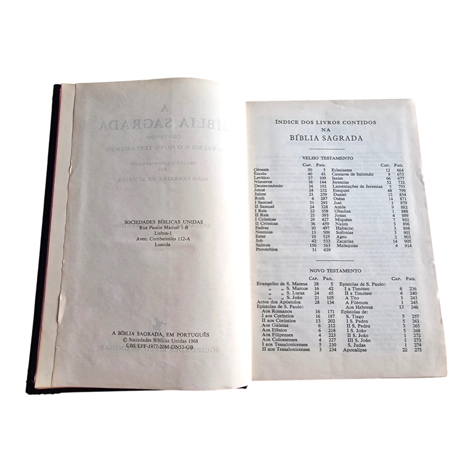 A Bíblia Sagrada, contendo o Velho e o Novo Testamento | João Ferreira de Almeida (trad.) | Edição Revista e Corrigida | Sociedades Bíblicas Unidas | 1968 (tiragem de 1977) — Contracapa